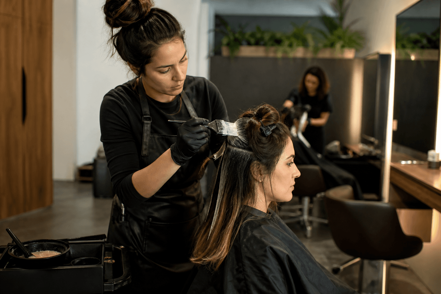 Profissional de salão aplicando coloração no cabelo de uma cliente